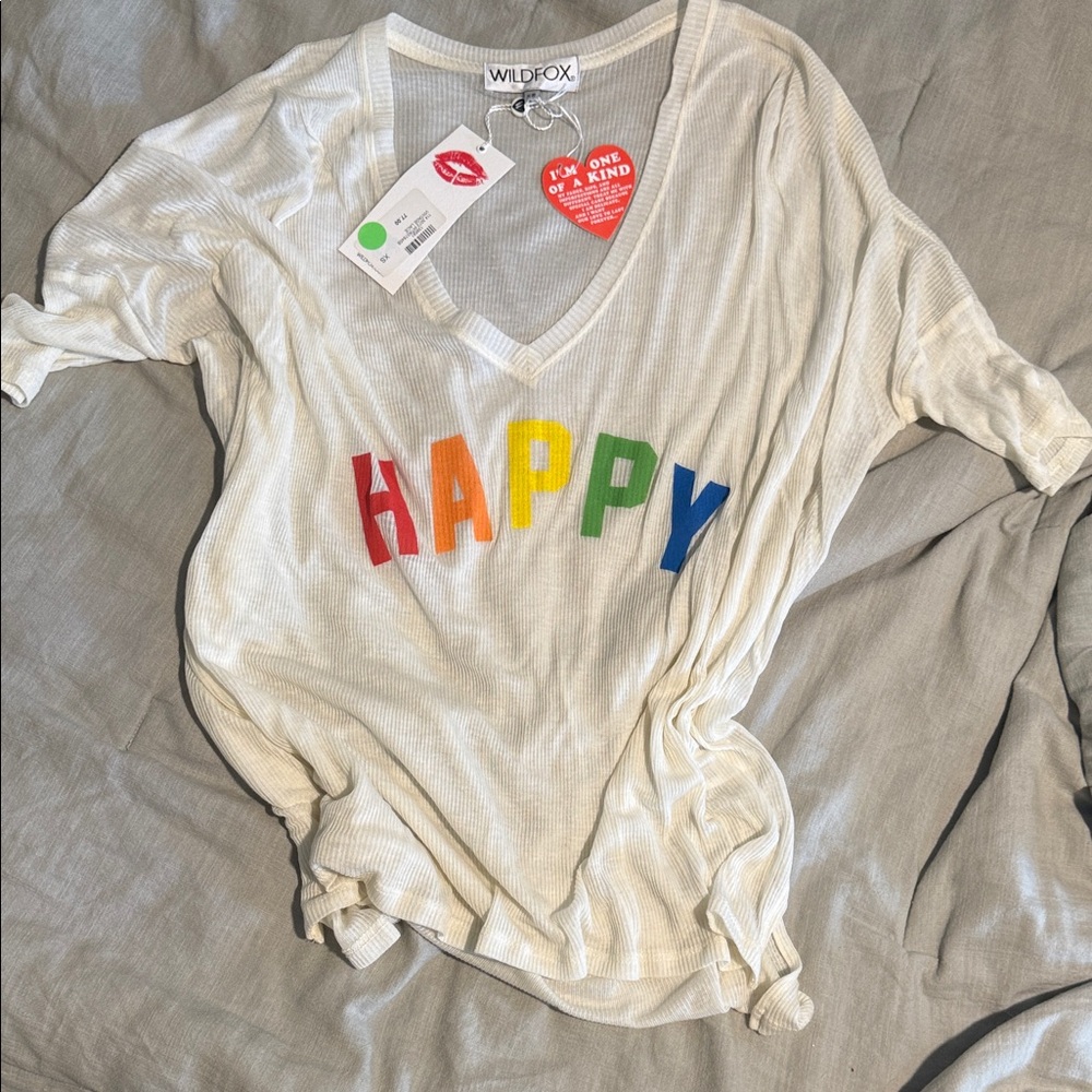Wildfox Cream V-Neck with Colorful 'Happy' Text
